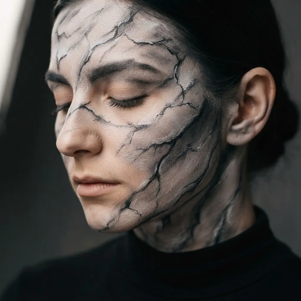 Black and white marble veins spread across a face and neck in a monochrome cosmetic paint design.