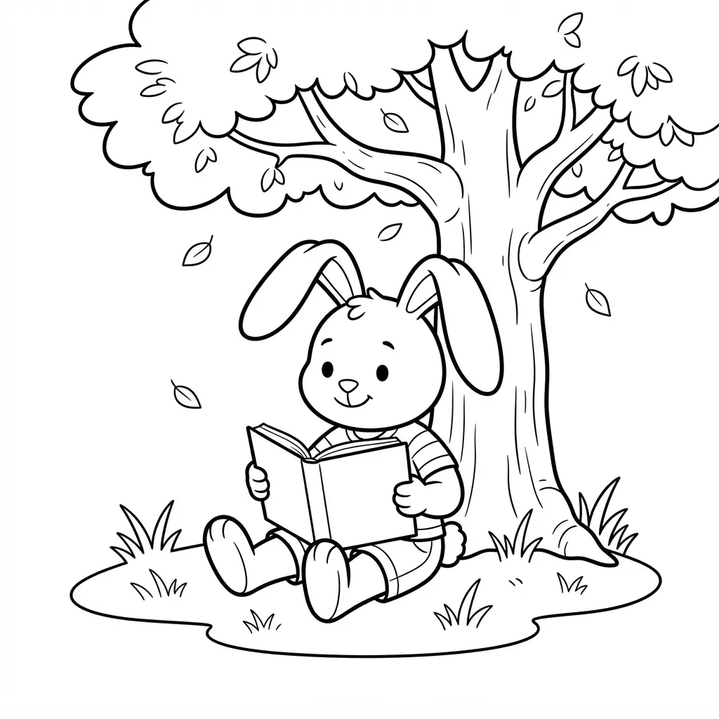 Small long-eared animal reading an open book beneath a broad tree with grass and scattered leaves.