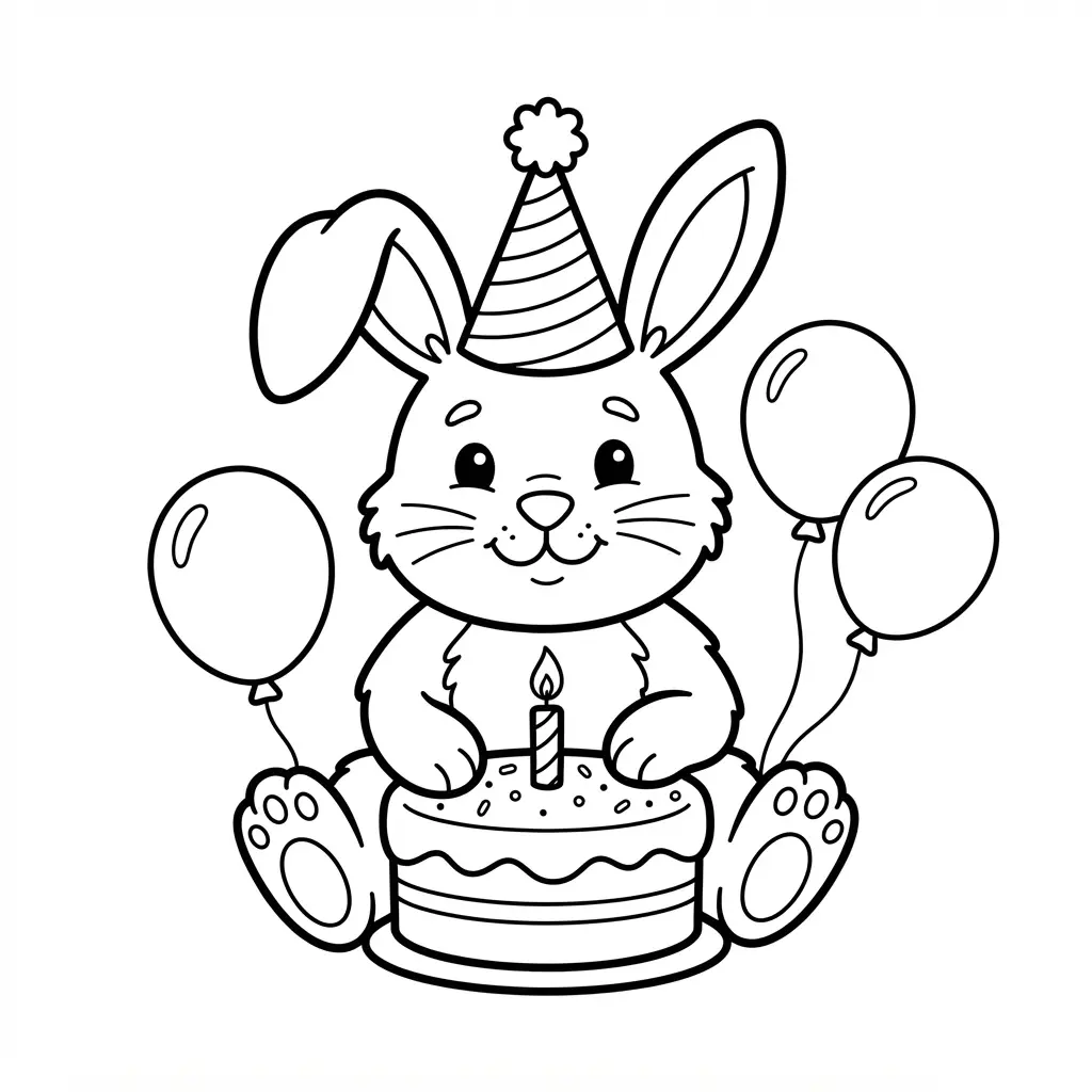 Bunny wearing a striped party hat beside a cake and balloons in a festive bunny coloring pages scene.