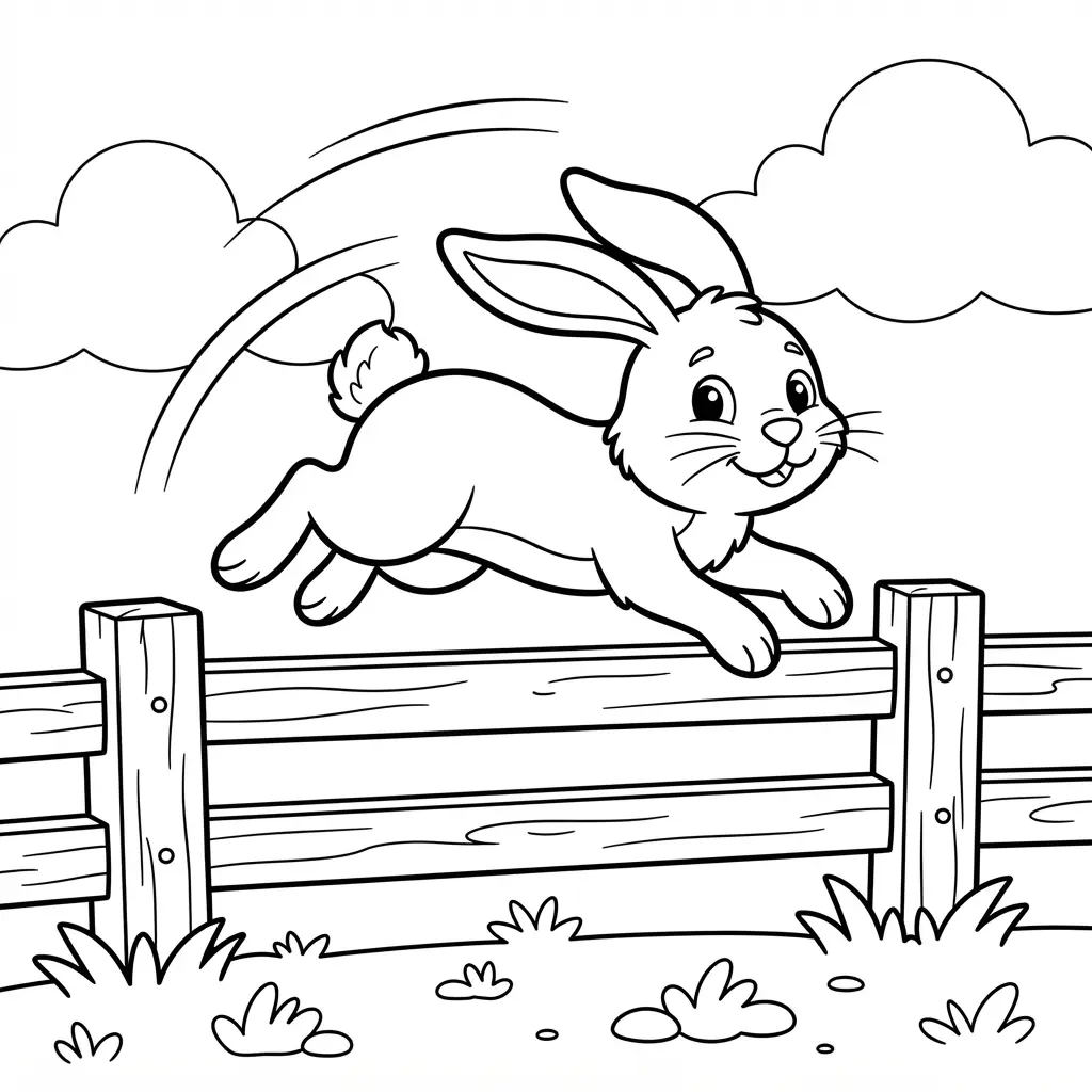 Small long-eared animal leaping over a wooden garden fence with grass, clouds, and simple motion lines.