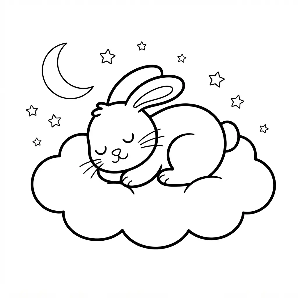 Sleeping bunny curled on a soft cloud with stars and a crescent moon in a bunny coloring pages design.