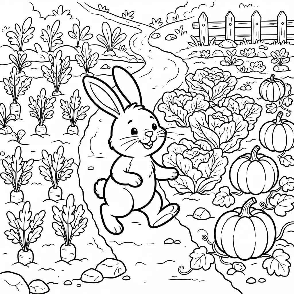 Small long-eared animal walking through rows of carrots, lettuce, and pumpkins beside a garden sign.