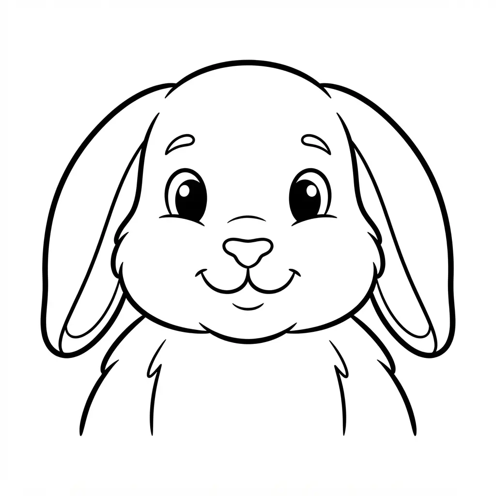 Floppy-eared bunny portrait with large eyes and rounded cheeks in a clear bunny coloring pages outline.