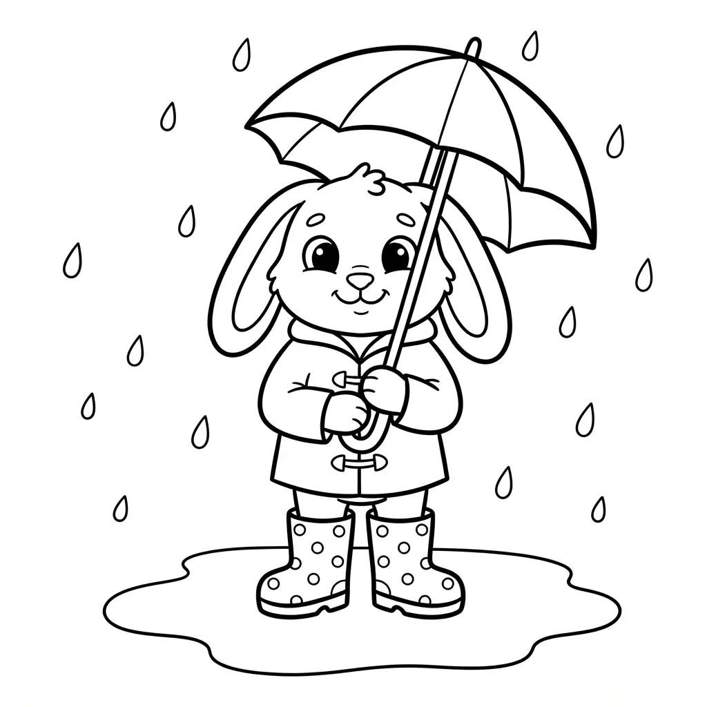 Small long-eared animal wearing rain boots and holding an umbrella beside puddles and falling raindrops.