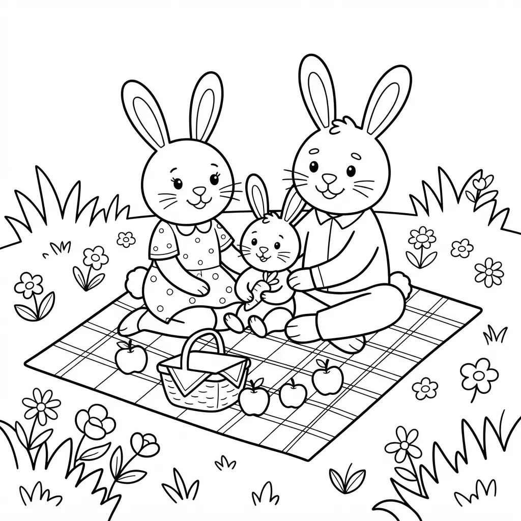 Bunny family seated on a picnic blanket with a basket, fruit, and flowers in a bunny coloring pages scene.