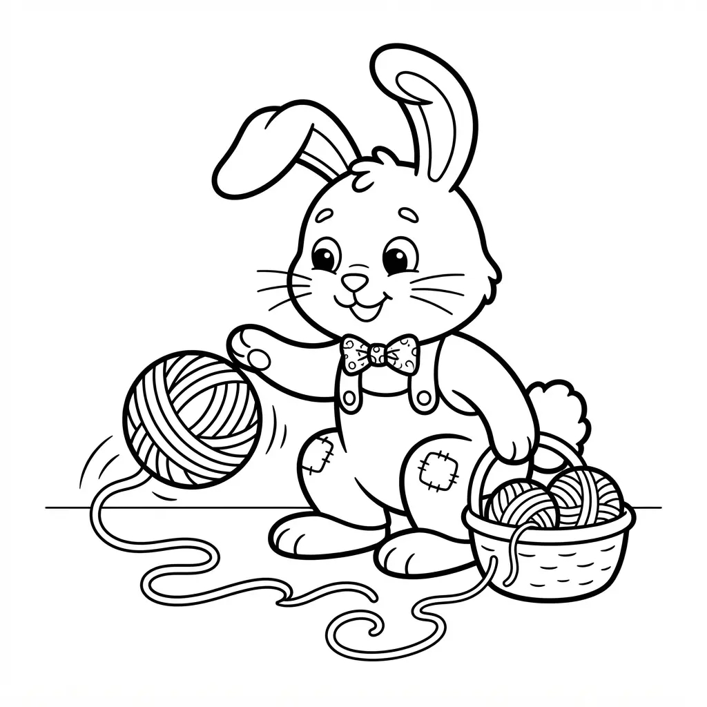 Small long-eared animal batting a round yarn ball beside a basket and curled strands on the floor.