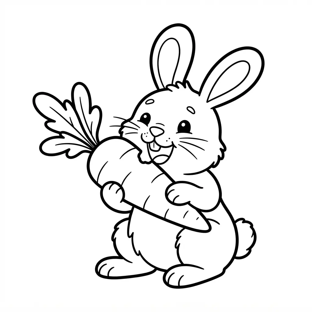 Small long-eared animal holding a crunchy carrot beside two leaves in a clear printable line drawing.