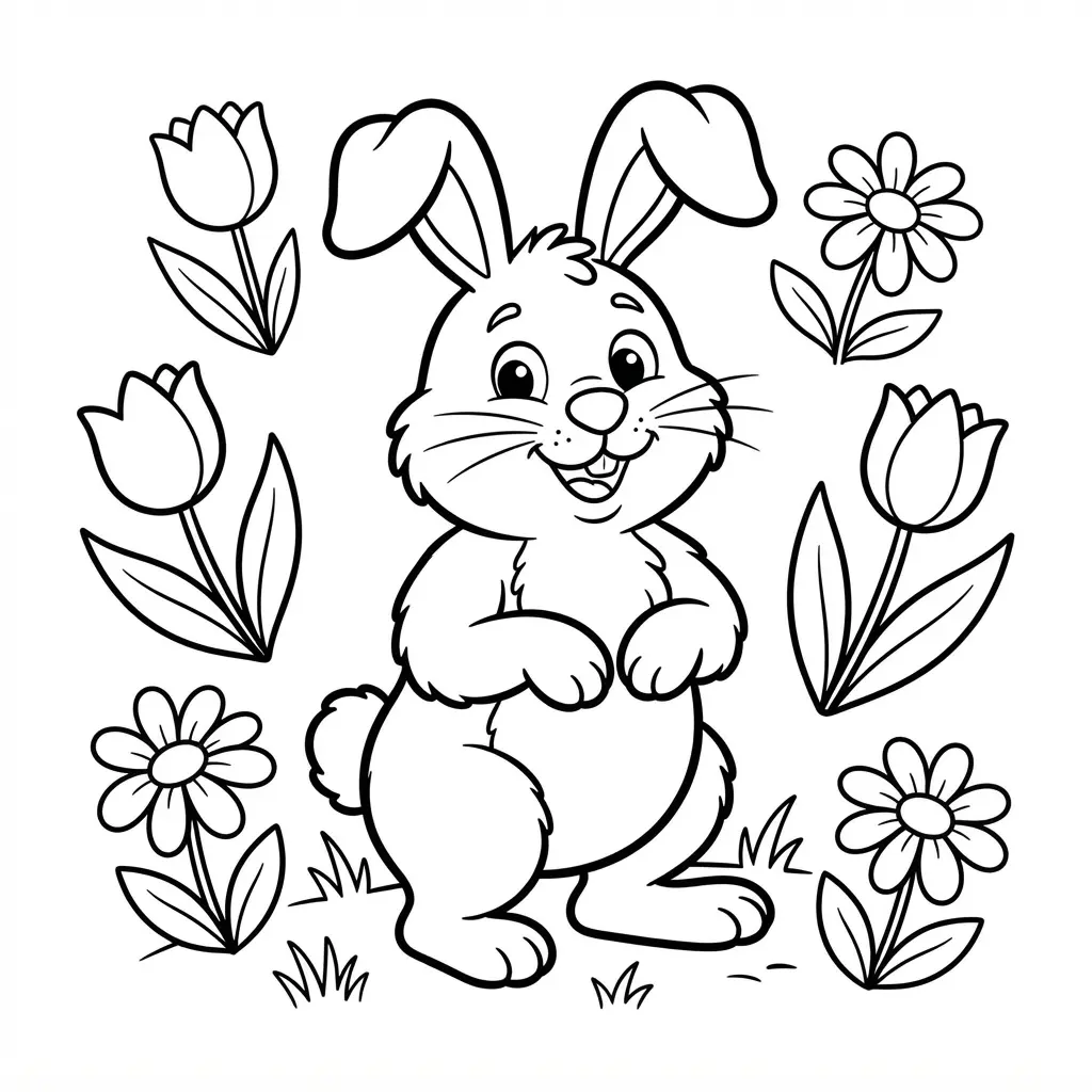 Playful bunny standing among tulips and daisies in a bold-outline bunny coloring pages design.