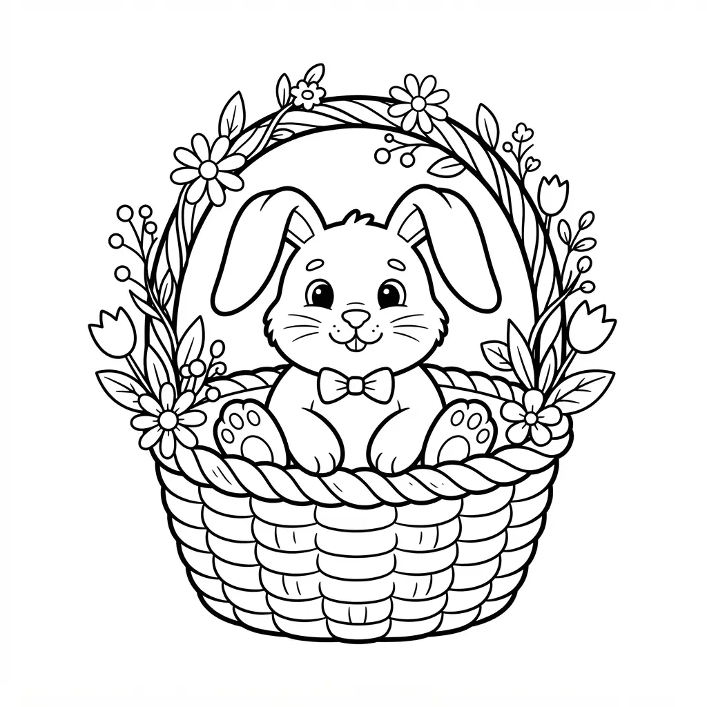Small long-eared animal sitting inside a woven flower basket with leaves and blossoms around it.