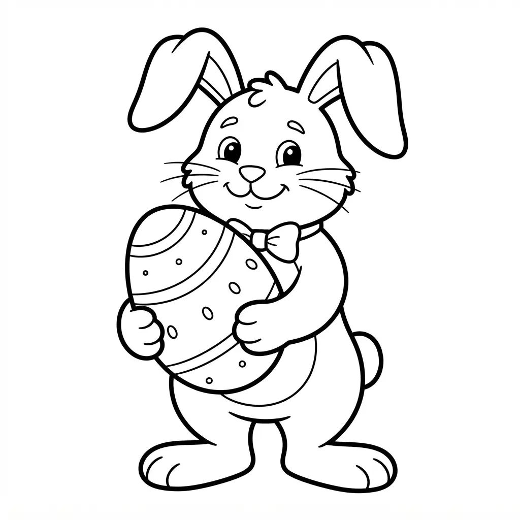 Bunny holding a patterned Easter egg with curved stripes in a clean bunny coloring pages outline.