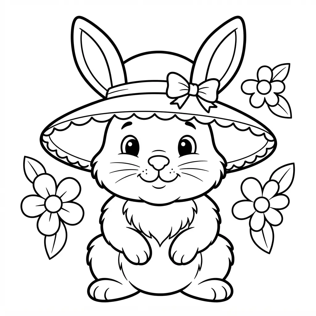 Small long-eared animal wearing a wide sun hat with a ribbon and three simple flowers nearby.