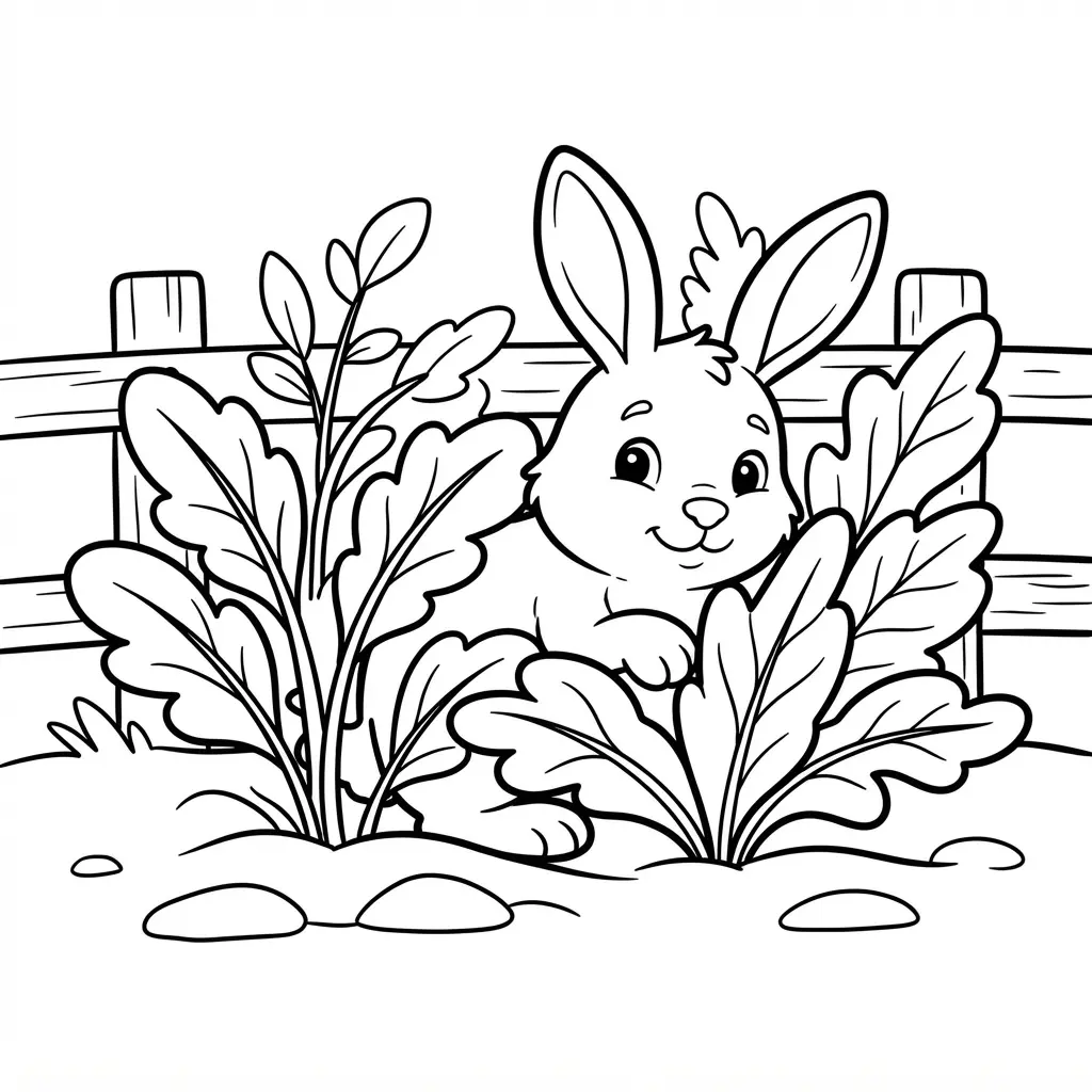 Rabbit peeking from leafy garden plants with a fence and soil lines in a bunny coloring pages scene.