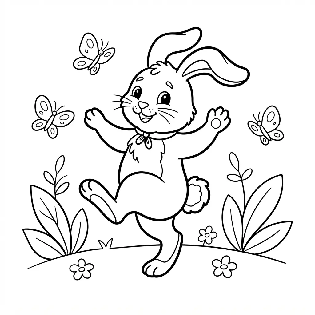 Small long-eared animal standing on one foot while three butterflies circle nearby among forest leaves.