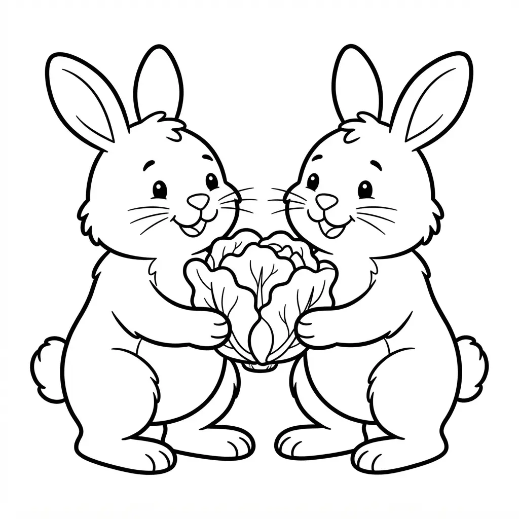 Two bunnies holding one leafy lettuce head together in a friendly bunny coloring pages design.