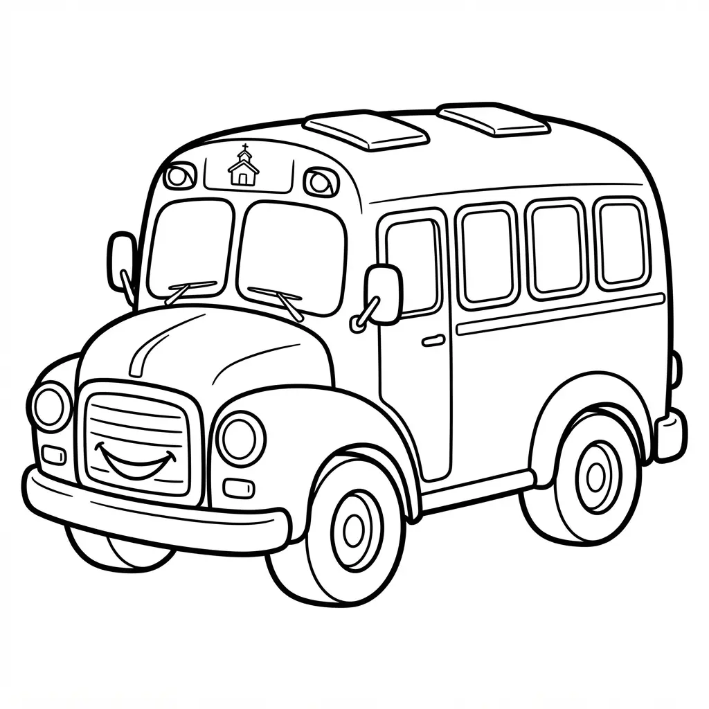 Chunky school bus character with large windows, round wheels, and a smiling front grille.