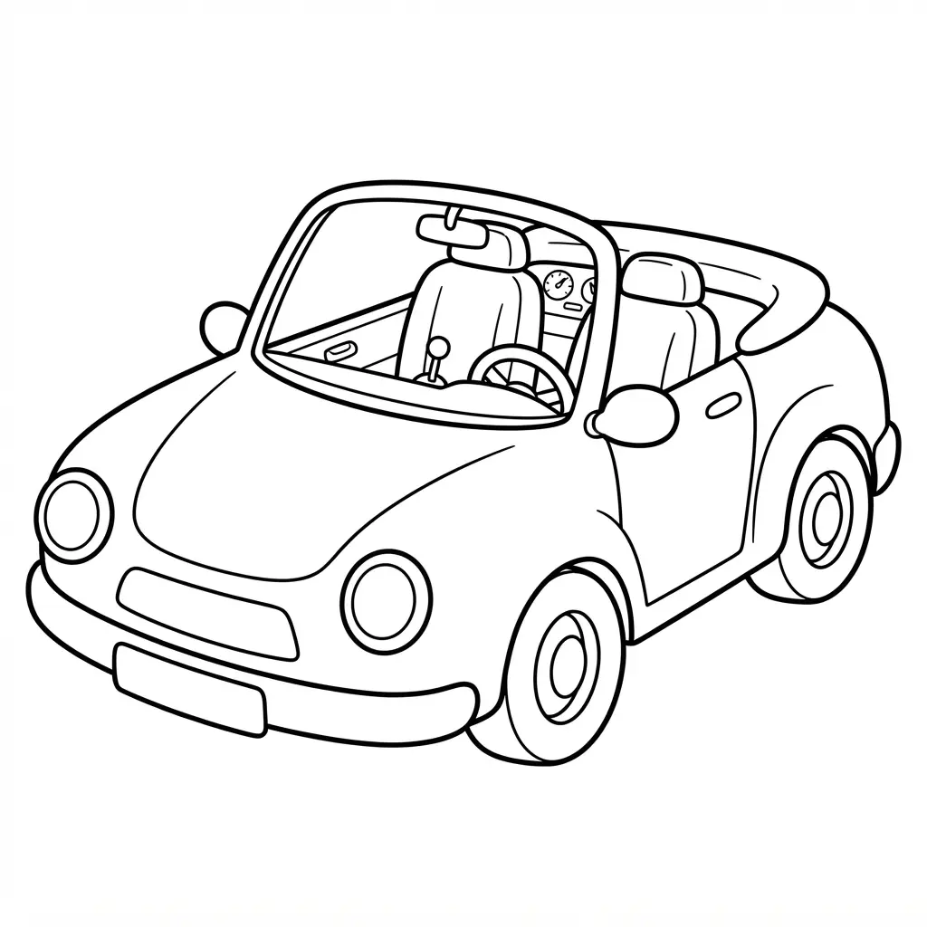 Convertible car with its roof open, two seats, rounded headlights, and a clean road line.