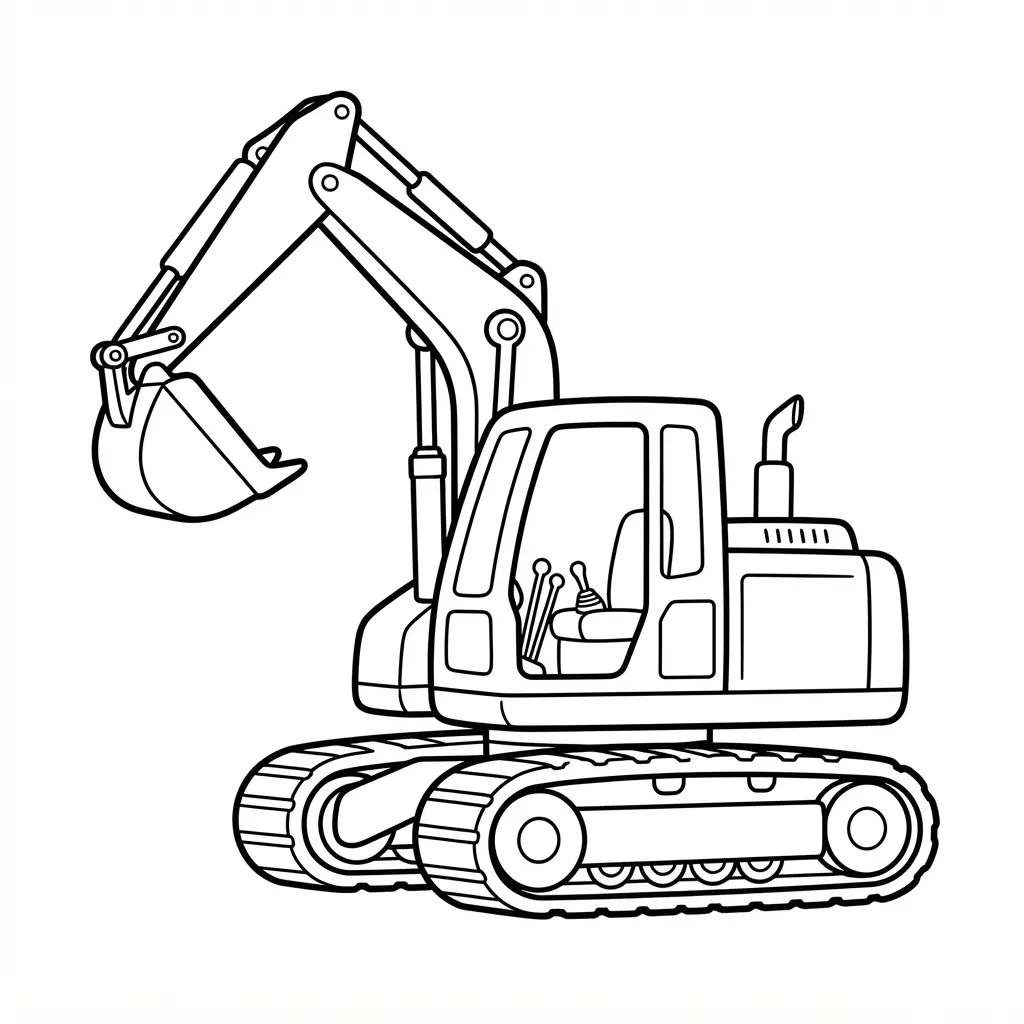 Excavator with a raised bucket, tracked wheels, and thick black outlines on a plain page.