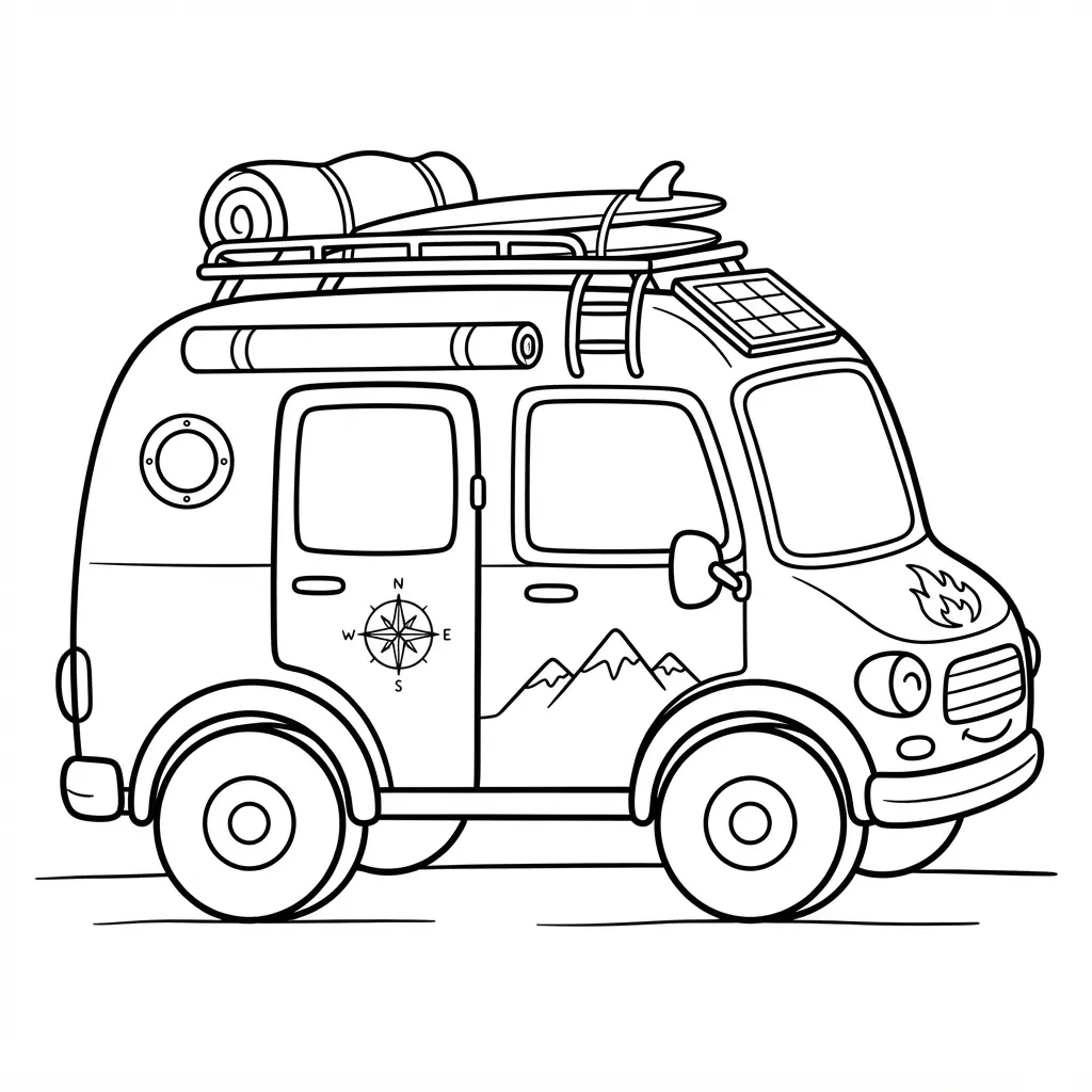Camper van beside simple trees and hills, with a door, windows, and open coloring space.