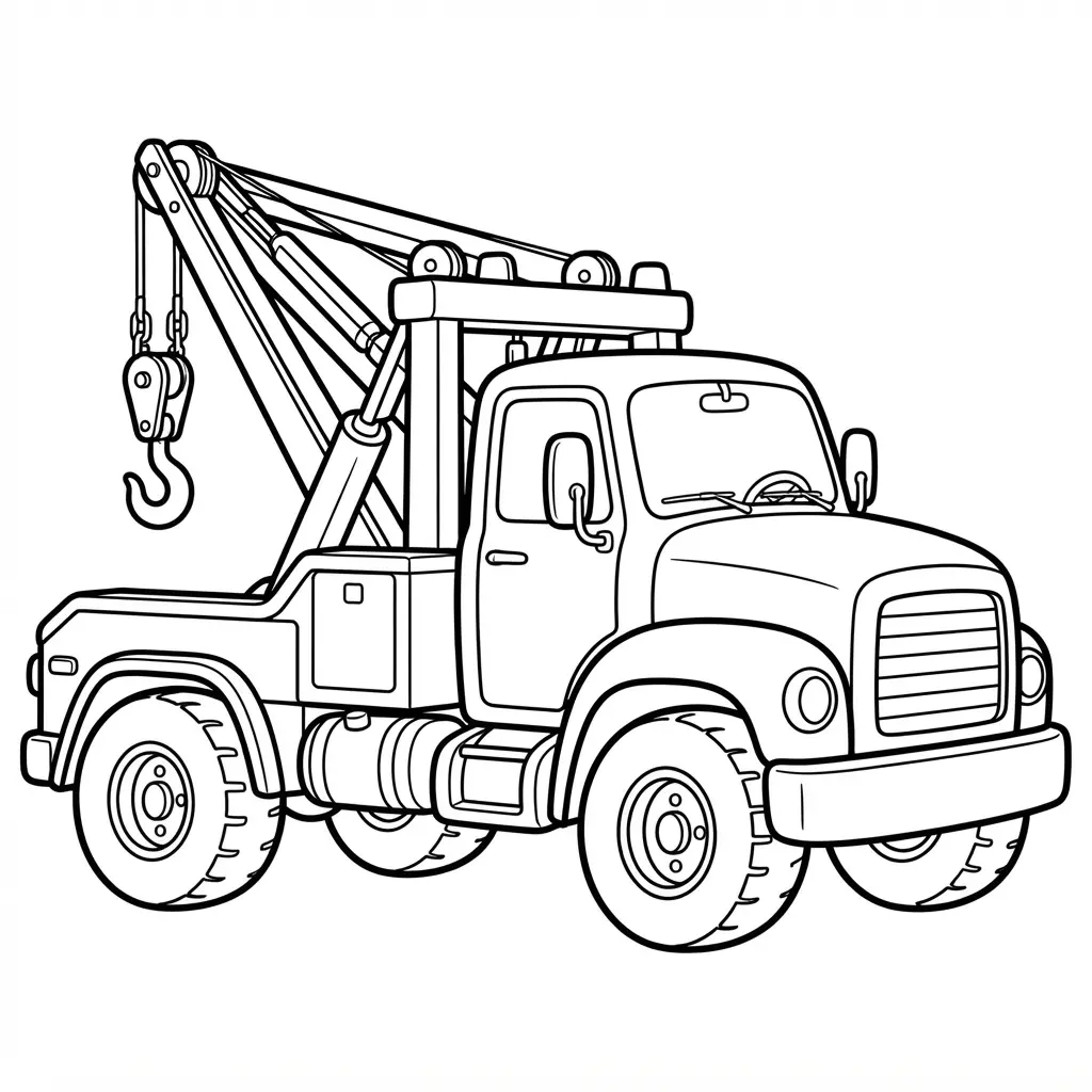 Tow truck with a rear hook, sturdy wheels, and bold black outlines on a plain page.