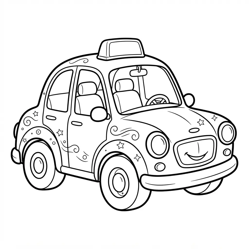Cartoon taxi cab with a roof sign, friendly headlights, and thick clean outlines for kids.