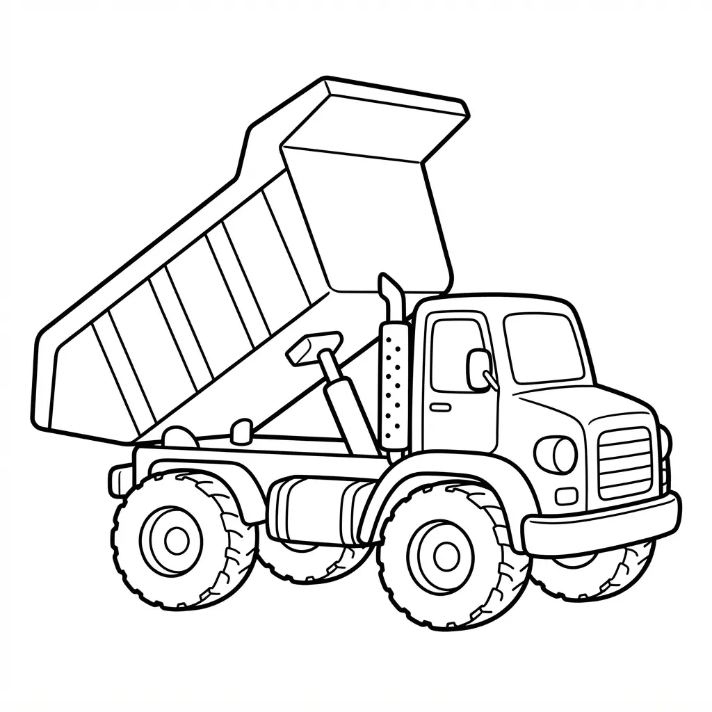 Clean black outline of a construction dump truck with a raised bed for printable car coloring pages.