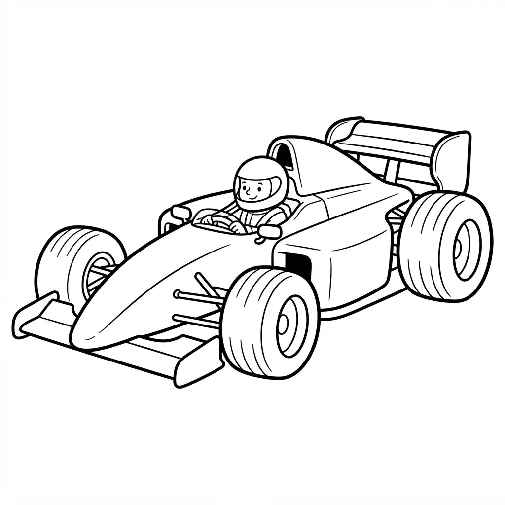 Formula One race car in bold black line art, centered with open space for car coloring pages.
