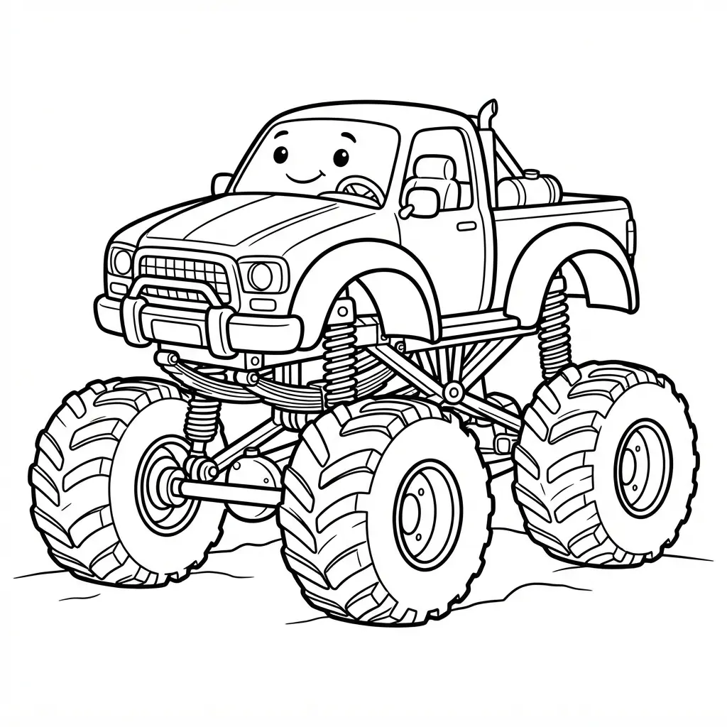 Monster truck with oversized tires in thick black outlines for simple car coloring pages.