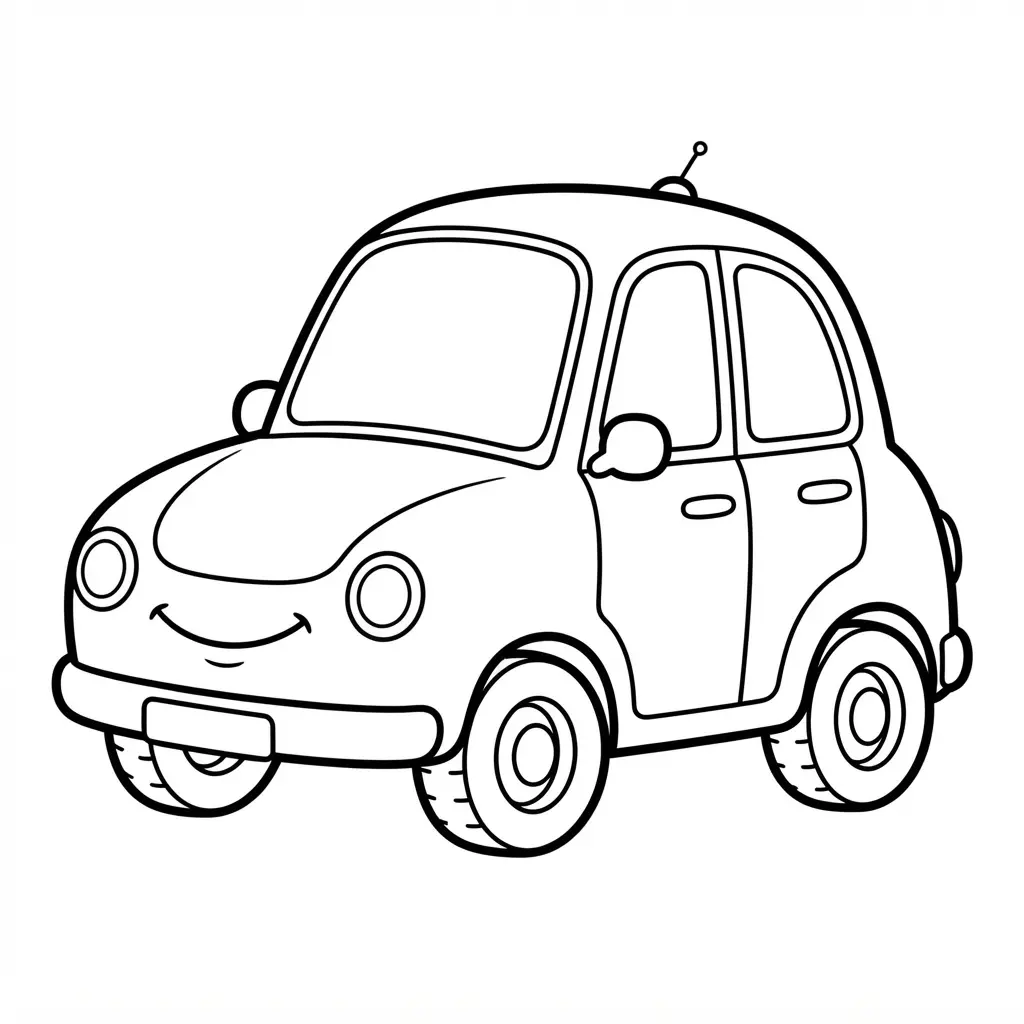 Cute compact city car cartoon with rounded windows and bold lines for car coloring pages.