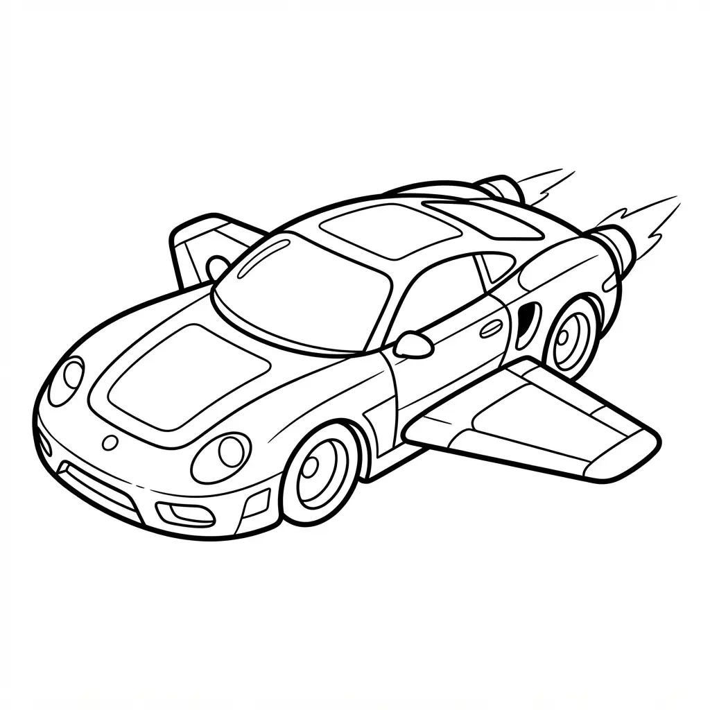 Flying sports car with wings and smooth futuristic lines centered on a blank page for kids.