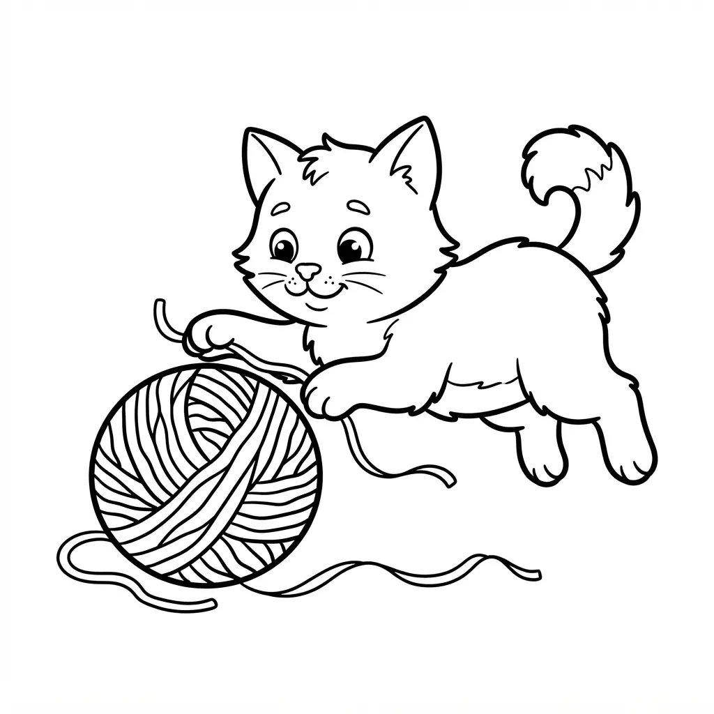 Cat coloring pages featuring a playful kitten batting a round yarn ball with clear bold outlines.