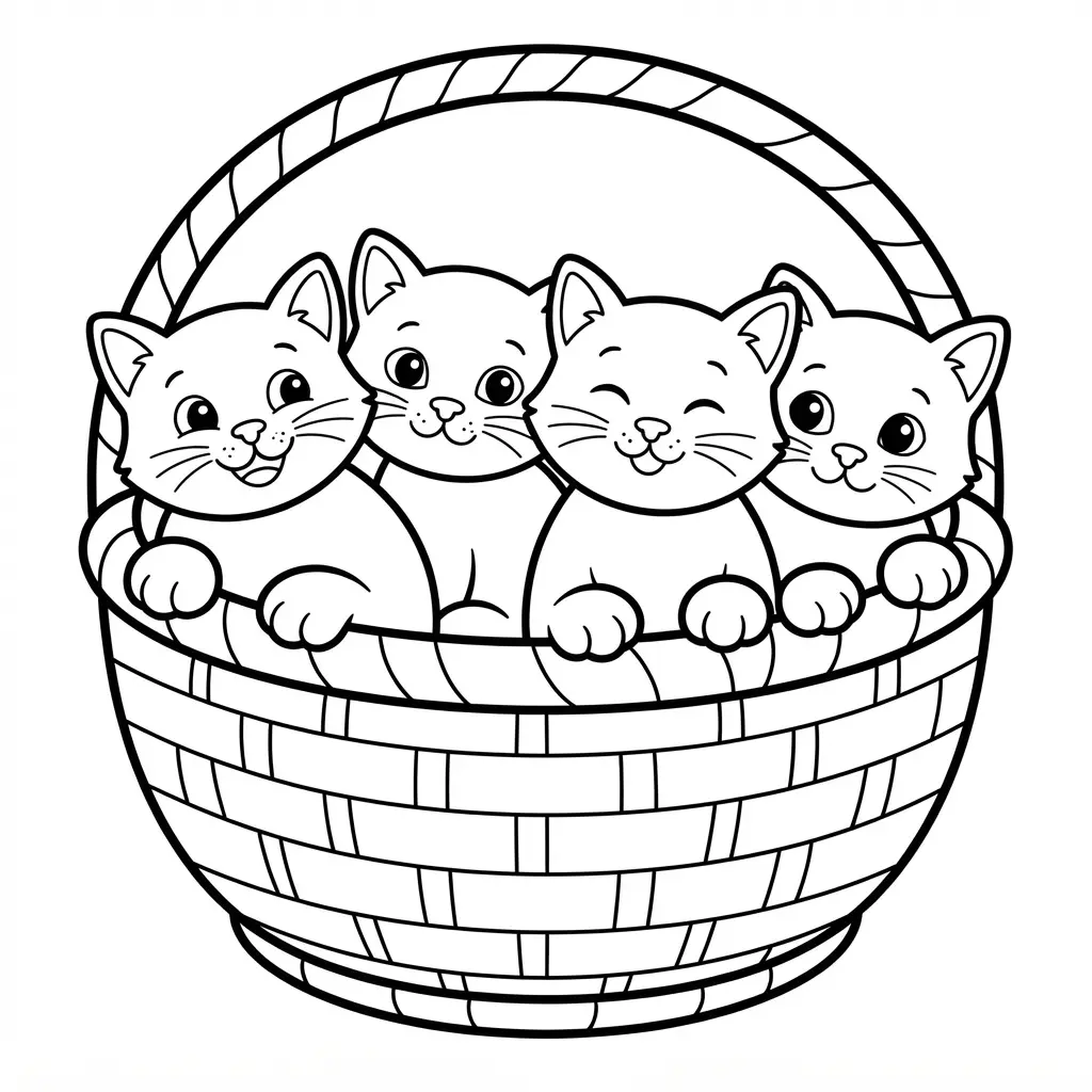 Cat coloring pages showing a group of kittens sitting in a basket with clear faces and open spaces.