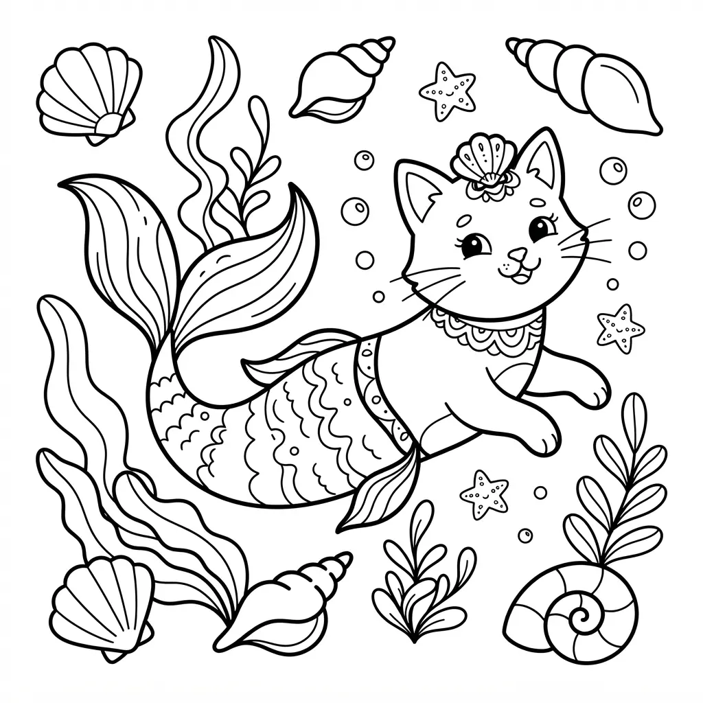 A mermaid cat swims through an undersea scene with shells, sea plants, bubbles, and flowing fins.