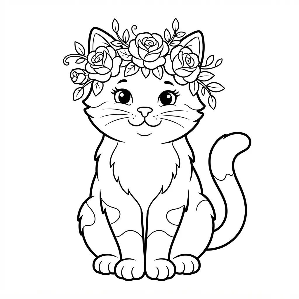 A seated cat wears a floral crown with roses, leaves, and curved stems around its head.