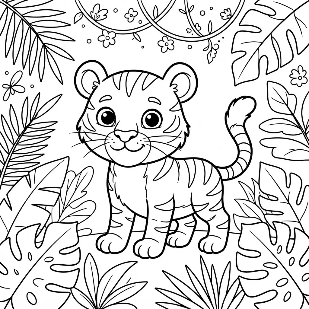 An adventurous jungle tiger cub stands among broad leaves, vines, and a few distant flowers.
