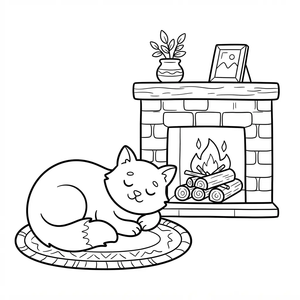 A resting cat sits beside a fireplace with stacked logs, a small rug, and simple wall details.