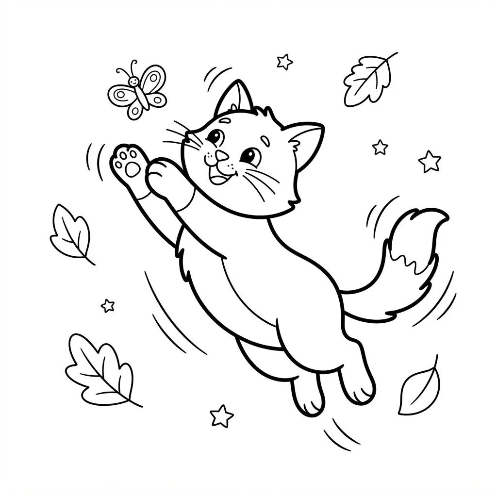A playful cat leaps after a butterfly with raised paws, curved motion lines, and scattered leaves.