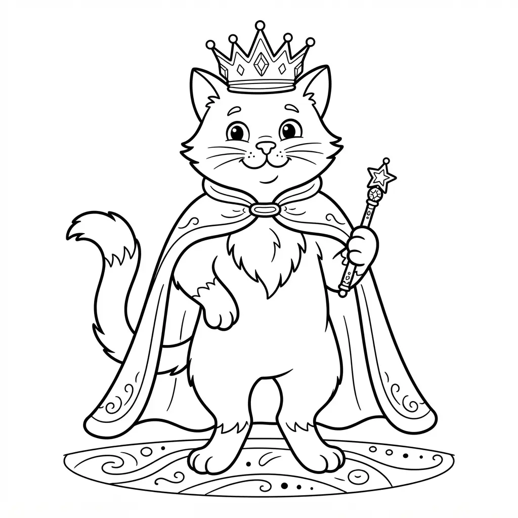 A royal cat stands in a crown and cape with a small scepter and decorative floor marks.