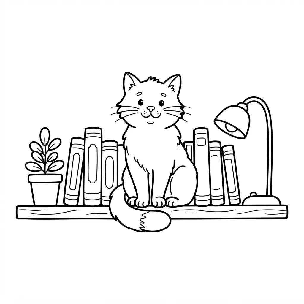 A cat sits on a bookshelf beside stacked books, a potted plant, and a small reading lamp.