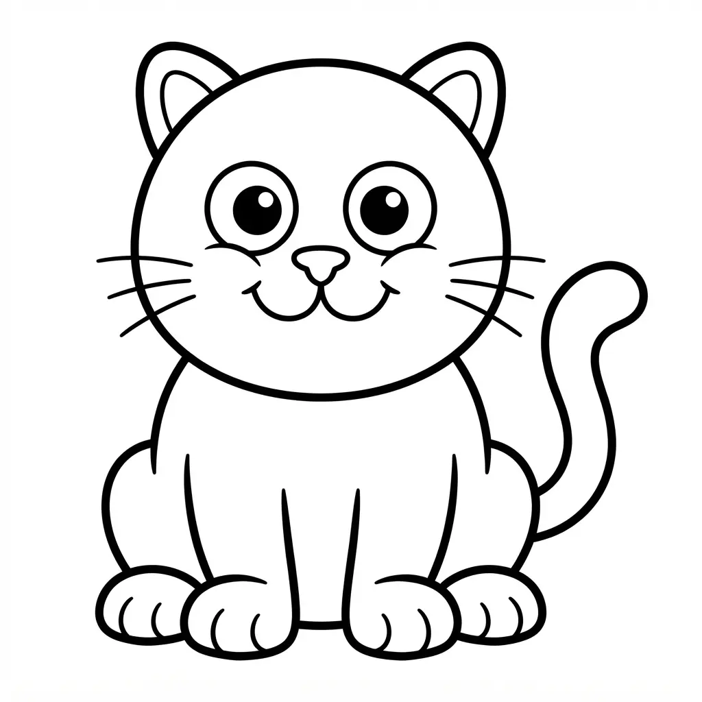 A simple cartoon cat has large open shapes, rounded paws, wide eyes, and a curved tail.