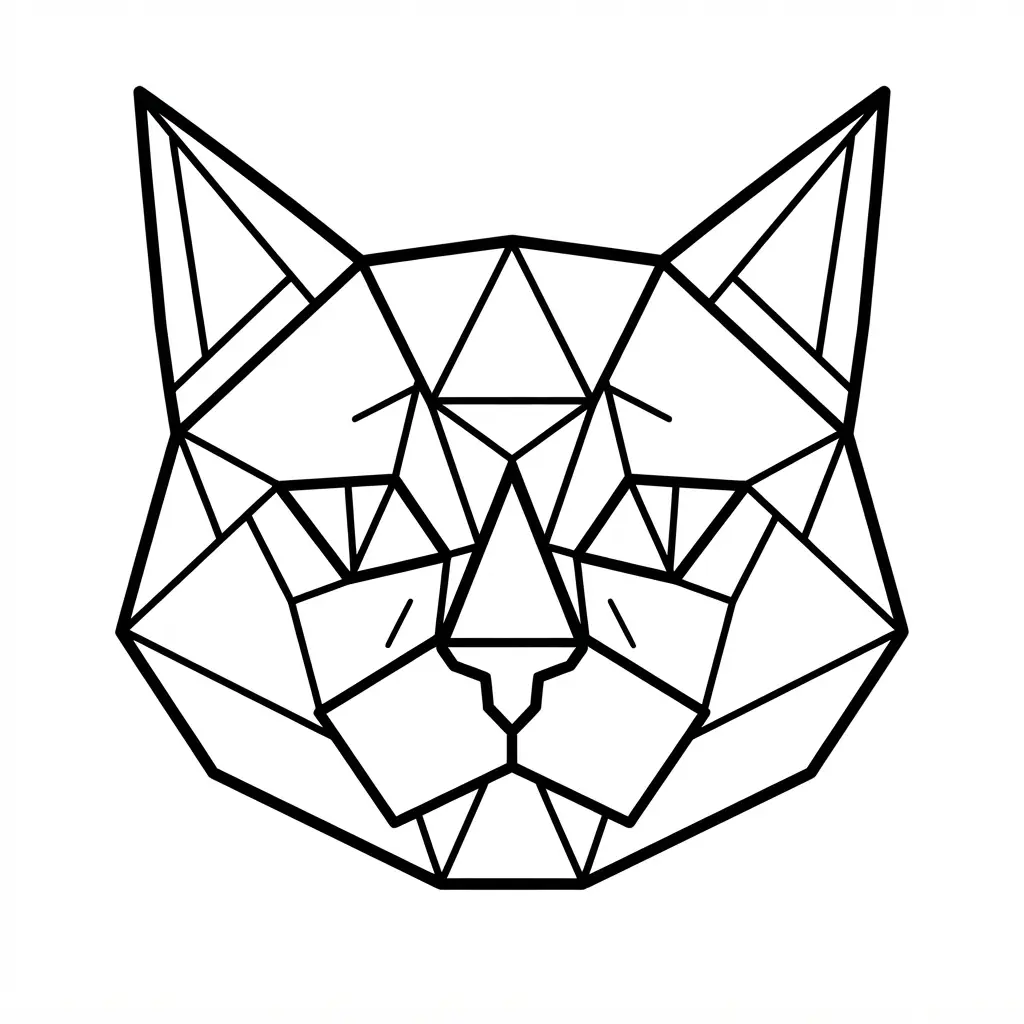 An abstract cat head features triangles, straight lines, symmetrical ears, and bold geometric sections.