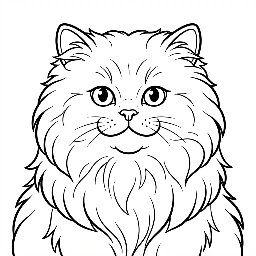 Cat coloring pages showing a longhair Persian portrait with flowing fur lines and a calm forward gaze.