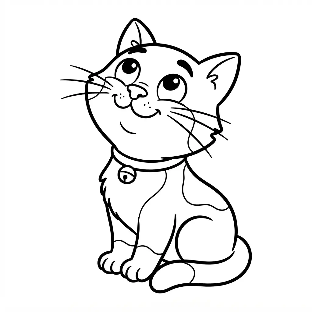 A curious cat looks upward with raised ears, wide eyes, whiskers, and a softly curved neck.