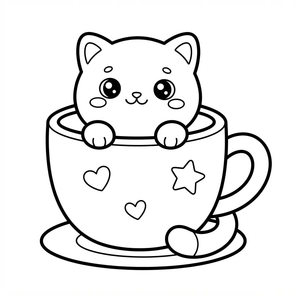 Cat coloring pages with a kawaii kitten inside a coffee mug, rounded shapes, and cheerful facial details.