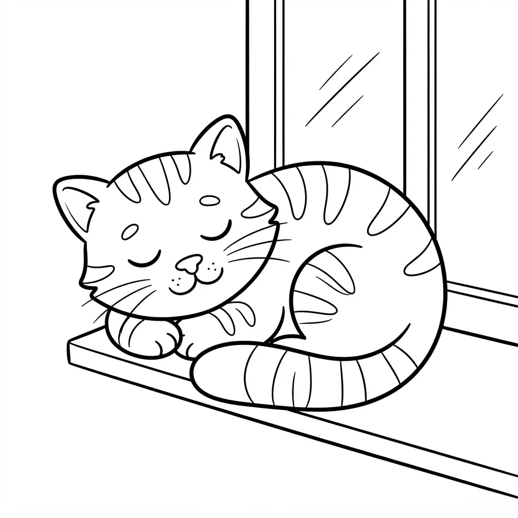 Cat coloring pages showing a sleepy tabby curled on a window sill beside simple glass panes.