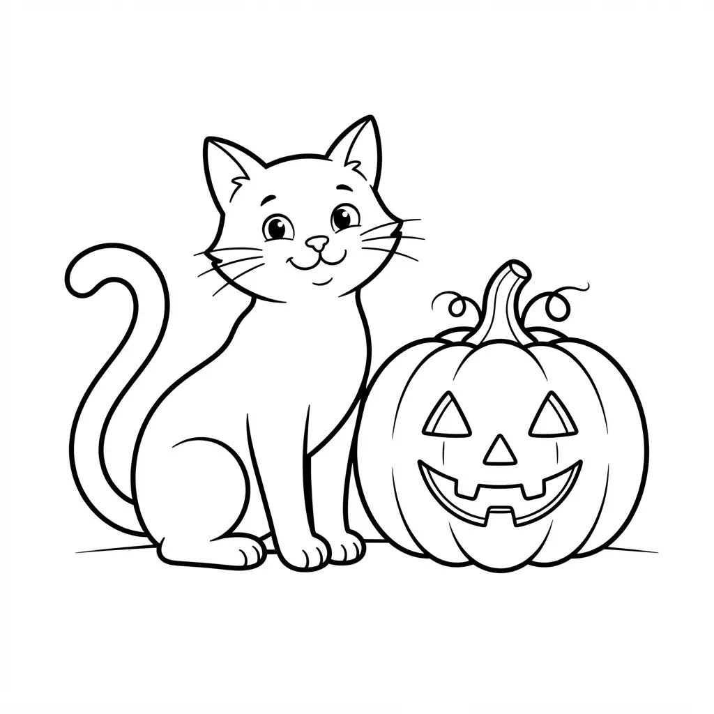 Cat coloring pages featuring a black cat beside a pumpkin with clean seasonal outlines and open spaces.