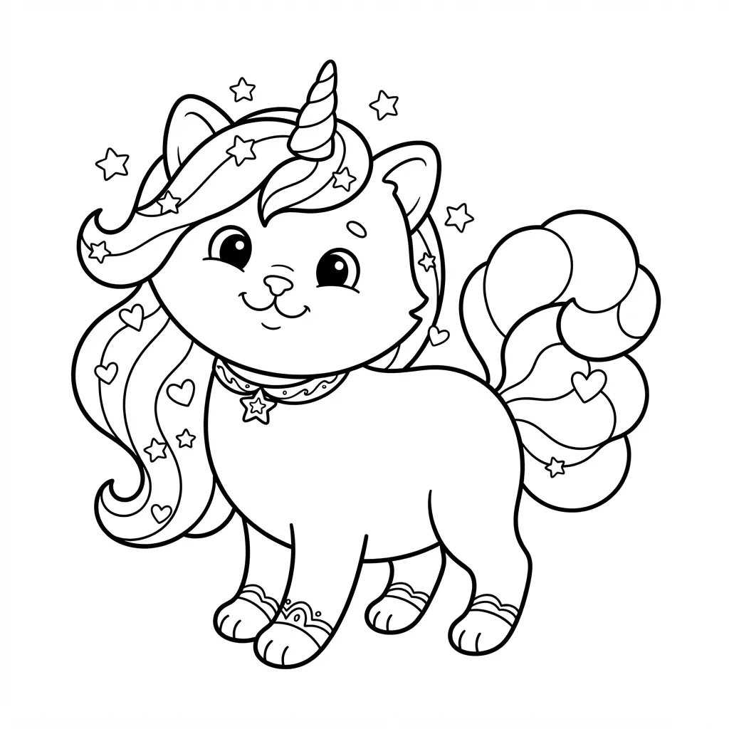Cat coloring pages showing a unicorn cat with a pointed horn, curved mane, and small star accents.