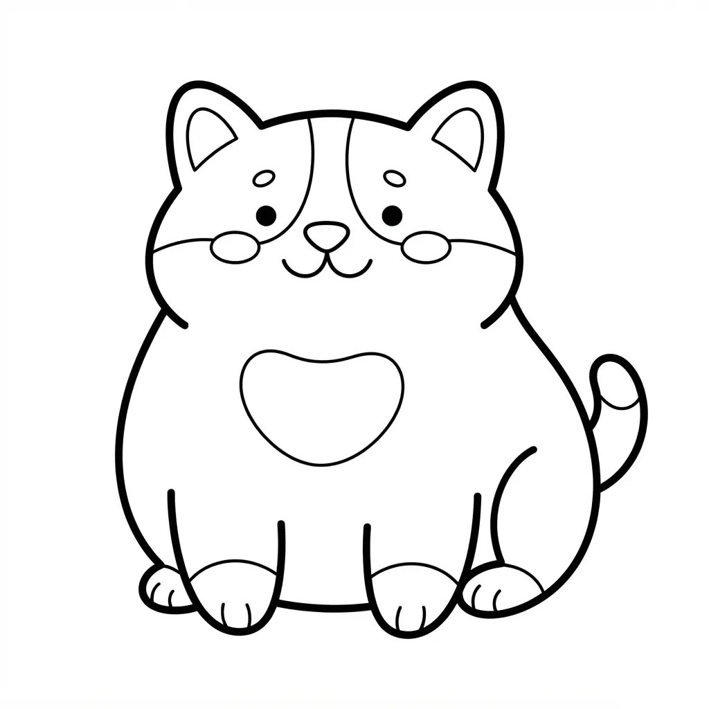 Cat coloring pages featuring a chubby corgi-style cat with short legs, rounded ears, and bold simple lines.