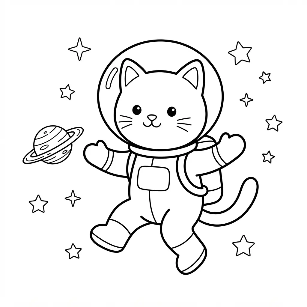 Cat coloring pages showing an astronaut kitten in a suit with a helmet, planet, and small stars.