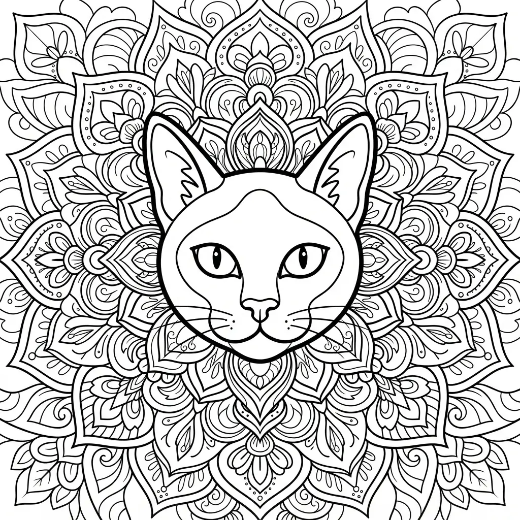 Cat coloring pages featuring a Siamese cat face surrounded by balanced mandala lines and floral shapes.