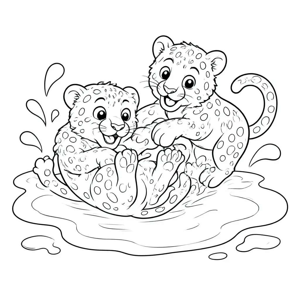 A playful cheetah coloring page featuring two cubs having fun in the mud.